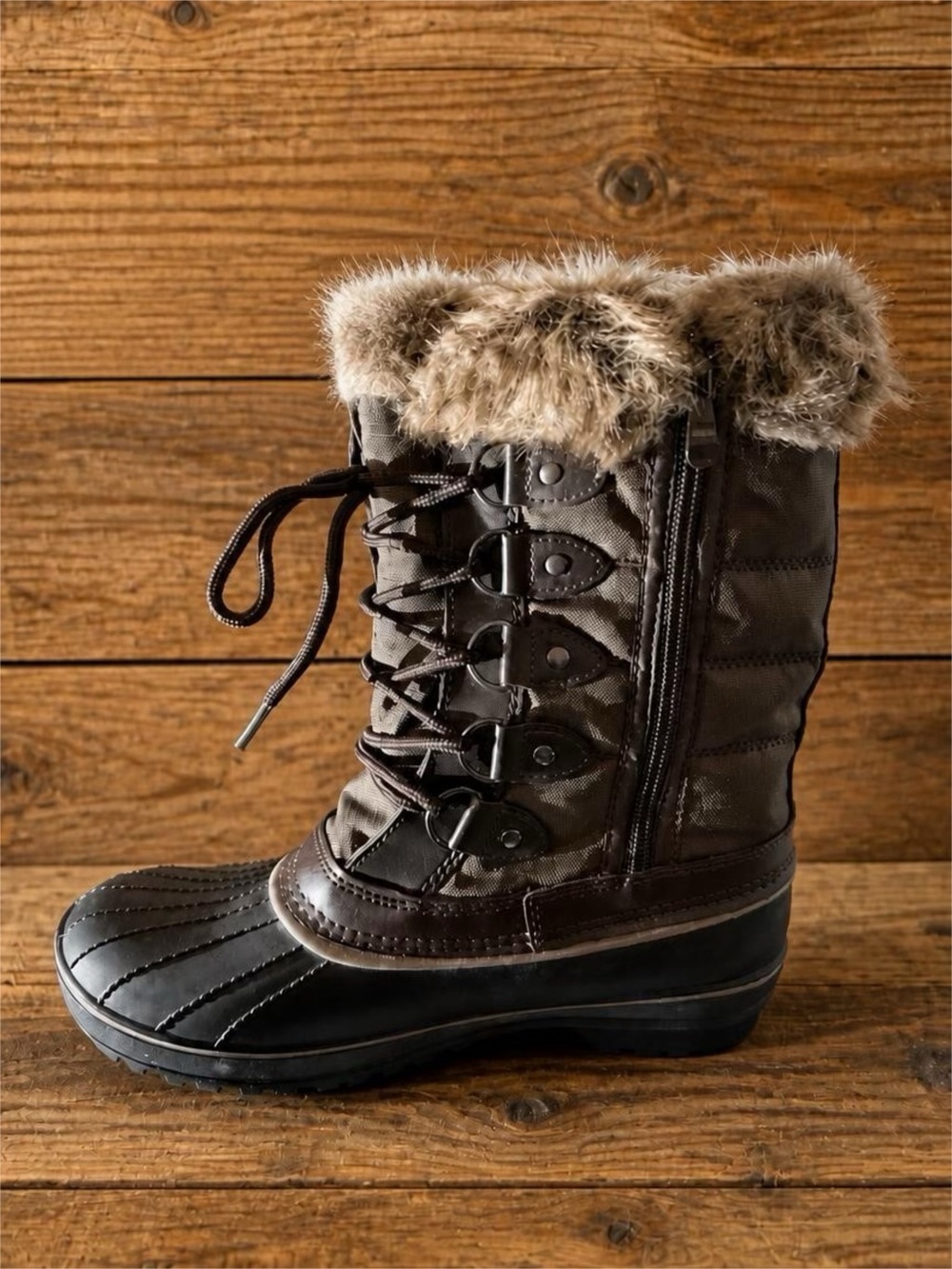 Dream Pairs Women's Brown Faux Fur-Trim Cold Weather Lace-Up Boot Size 7
